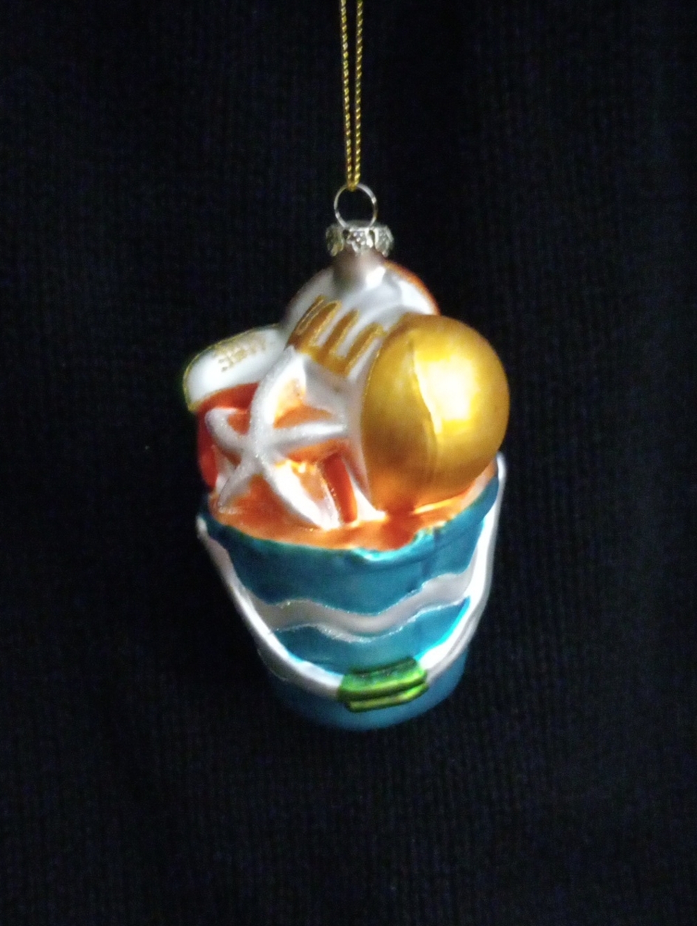 Gold and Teal Glass Seashell Beach Pail Holiday Ornament